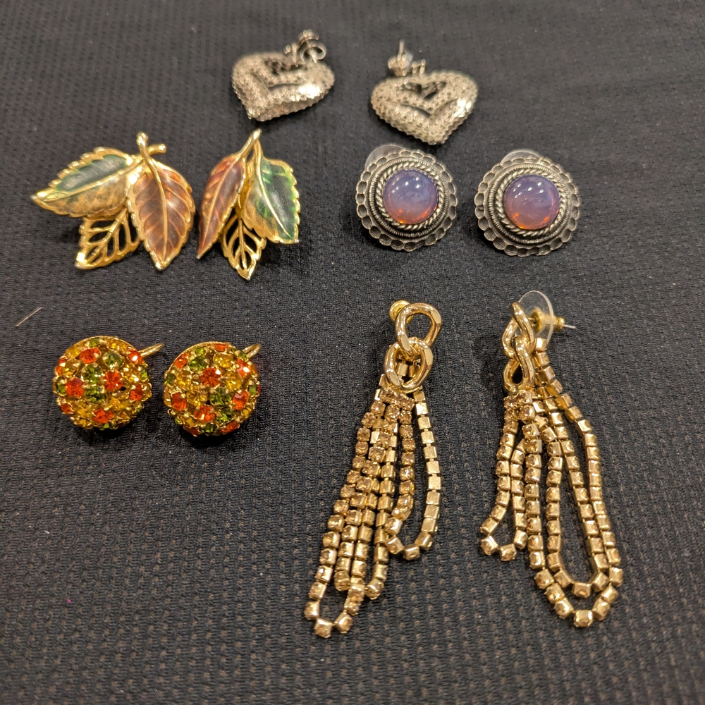 Gold and Silver Heart, Leaf, and Beaded Earrings Set Of 5 Pairs